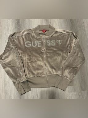 GUESS Taupe Velour Rhinestone Logo Zip Jacket-girls 14